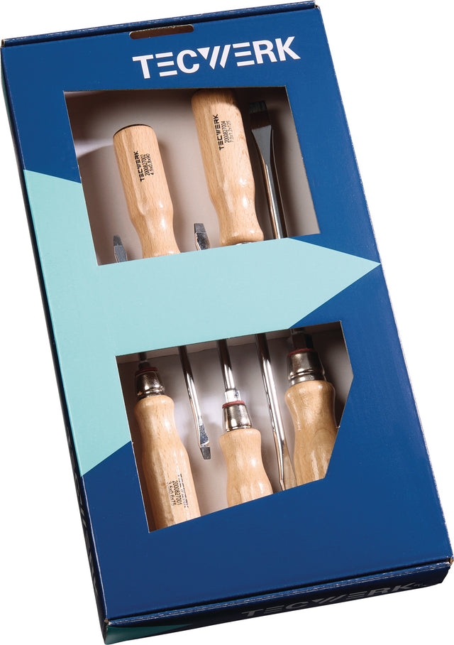 TECWERK Schraubendrehersatz 5-tlg. Schlitz Holzgriff Rundklinge mit 6-Kant-Ansatz
