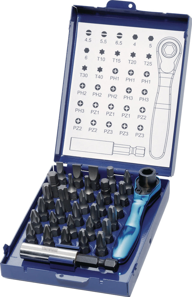TECWERK Bitsortiment 32-teilig Schlitz/PH/PZD/T/6KT. mit Bitknarre und Magnet-Bithalter