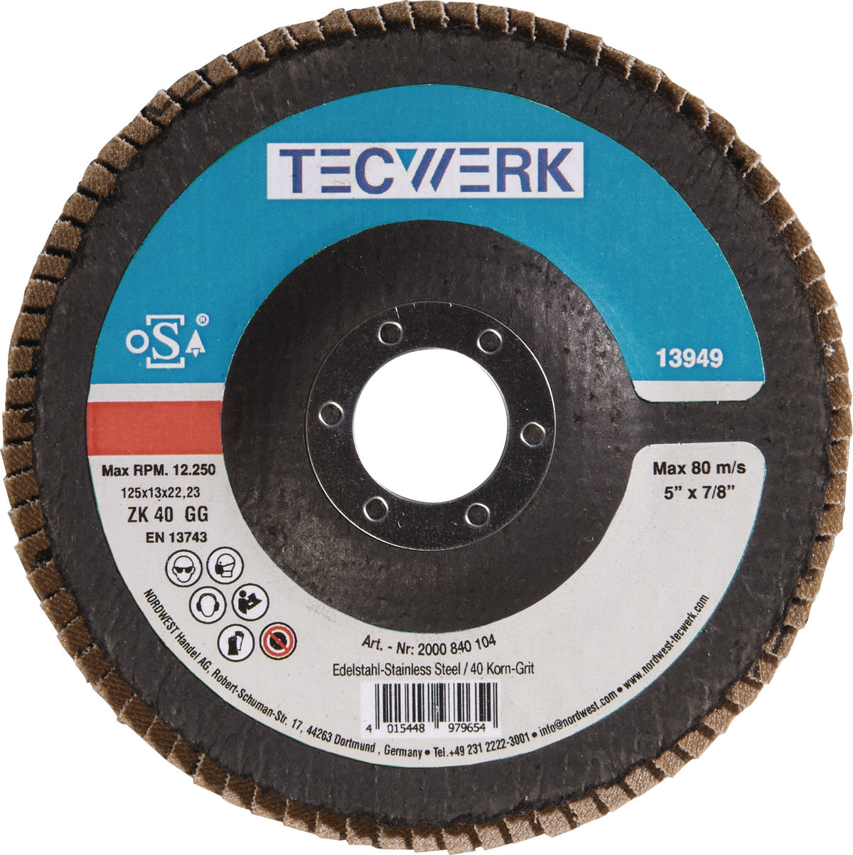 TECWERK Fächerscheibe Kehlnaht Ø125 mm K40 konisch INOX Zirkonkorund – 10 Stück