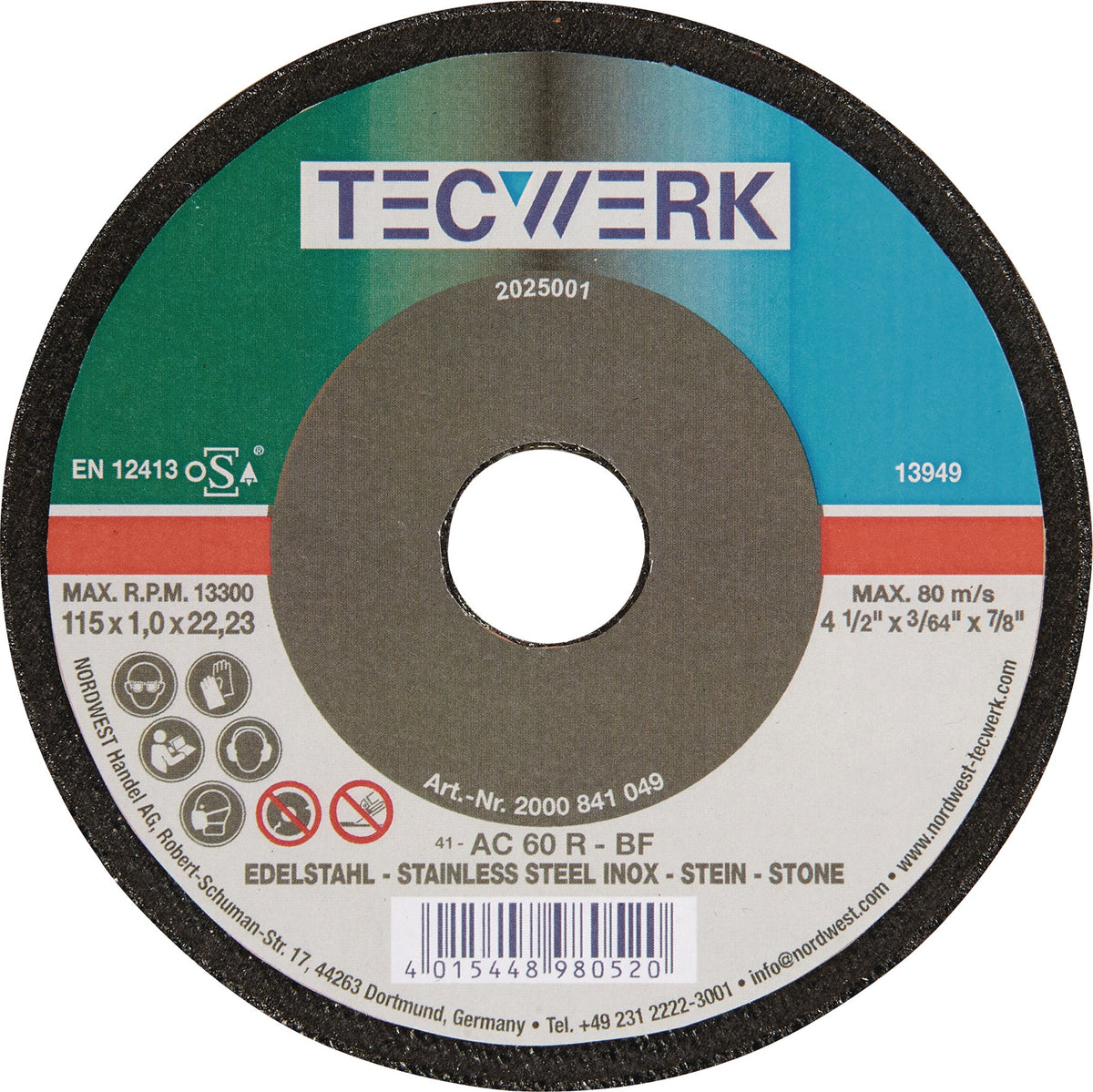 TECWERK Trennscheibe Ø115 mm für Stahl und Stein, 25 Stück, Bohrung 22,23 mm