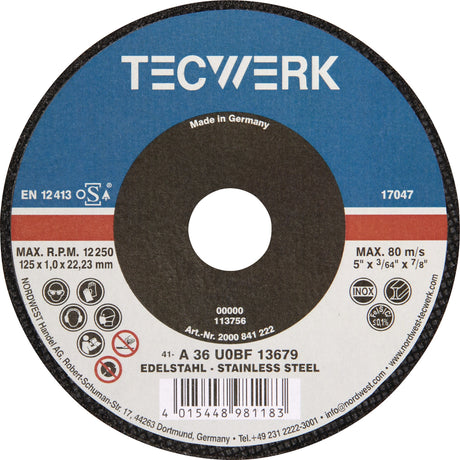 TECWERK Trennscheibe D125 x 1 mm Keramikkorn, gerade, Bohrung 22,23 mm