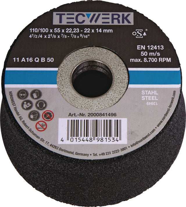 TECWERK Schleiftopf A16Q 110/100 mm für Stahl und Stahlguss, Bohrung 22,23 mm, 16 Körnung