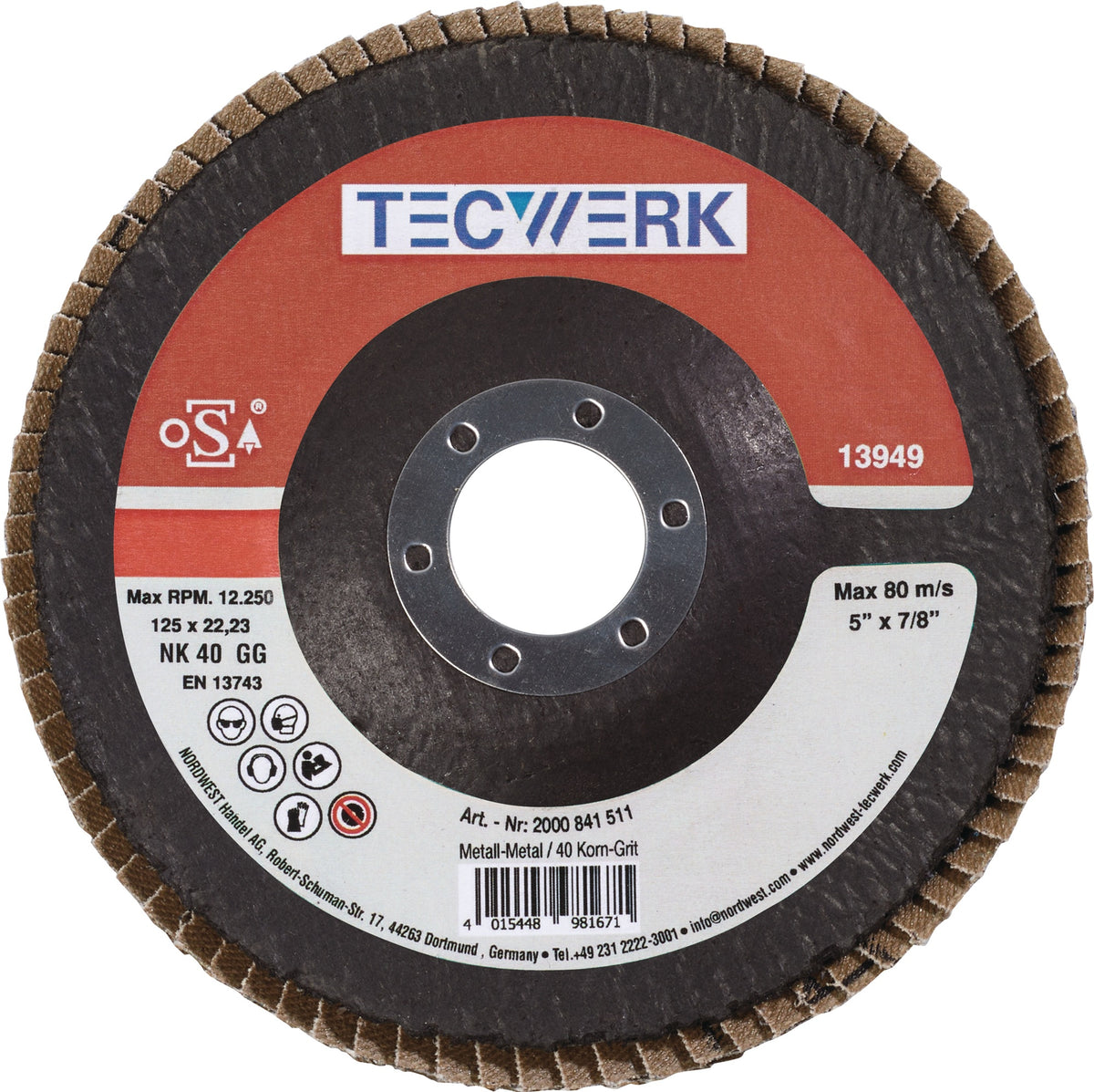 TECWERK Fächerscheibe Ø115 mm K40 konisch Normalkorund für Stahl und Holz