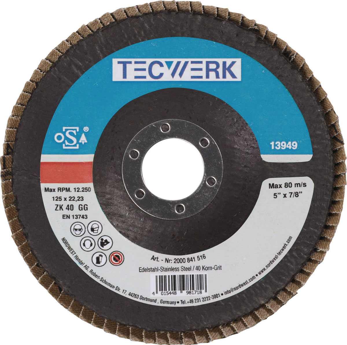 TECWERK Fächerscheibe Ø115 mm K40 konisch INOX Zirkonkorund