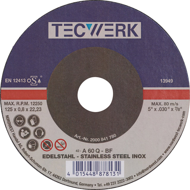 TECWERK Trennscheibe D125 x 0,8 mm gekröpft INOX, 25 Stück, für Edelstahl und Stahl