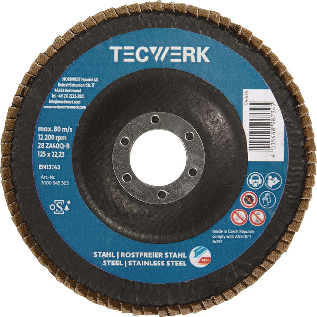 TECWERK Premium-Fächerscheibe 2in1 Ø125 mm K40 Zirkonkorund für INOX/Stahl, 10er-Pack
