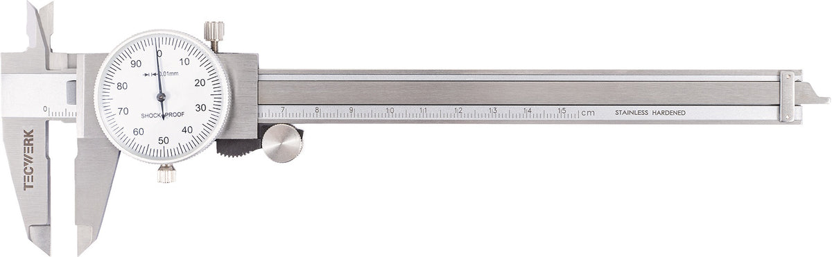 TECWERK Uhrmessschieber DIN 862 150 mm mit Zeigerumdrehung 1 mm und Rollenfeinzustellung