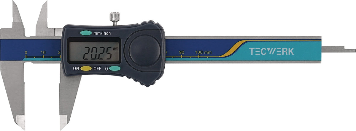 TECWERK Digitaler Messschieber DIN 862 150 mm mit Feststellschraube, eckigem Tiefenmaß und 8-mm-Ziffern