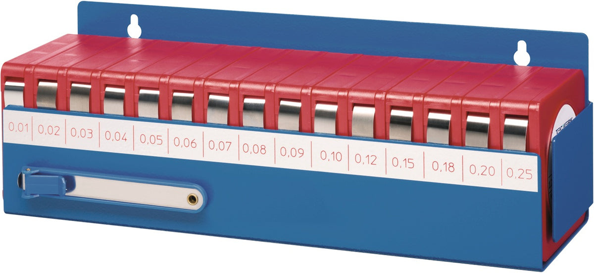 TECWERK Fühlerlehrenband-Set 0,01–0,25 mm, 5 m x 12,7 mm im Wandhalter
