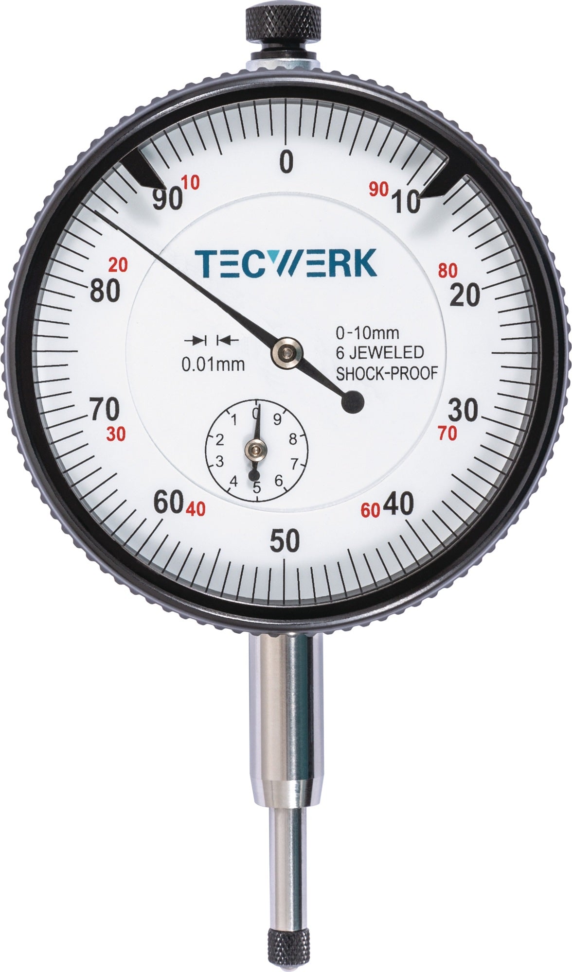 TECWERK Messuhr DIN 878 10 mm analog mit Stoßschutz, Ablesung 0,01 mm