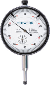 TECWERK Messuhr DIN 878 10 mm analog mit Stoßschutz, Ablesung 0,01 mm