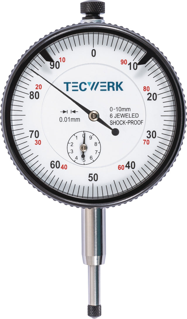 TECWERK Messuhr DIN 878 10 mm analog mit Stoßschutz, Ablesung 0,01 mm
