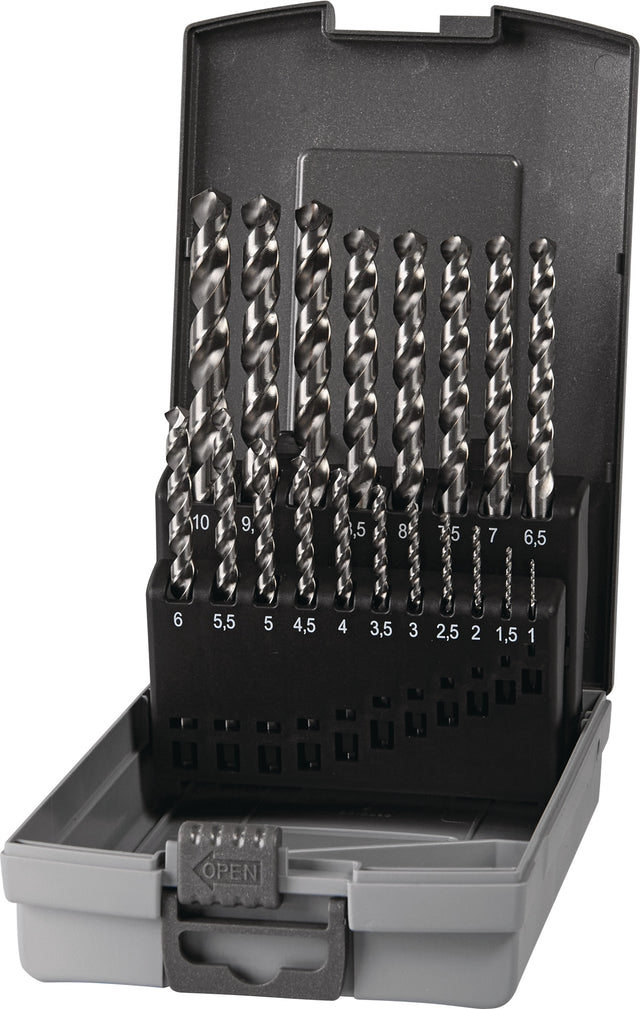 TECWERK Spiralbohrersatz DIN 338 Typ UNI HSS-Co 19-teilig 1-10 mm Kunststoffkassette