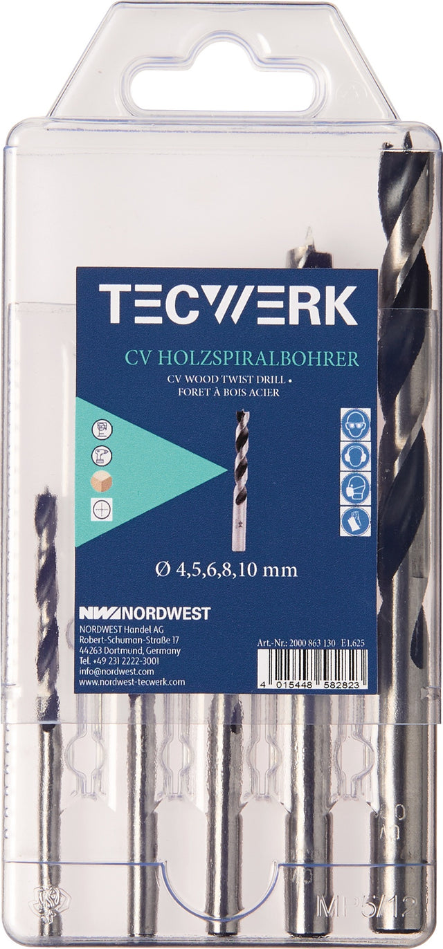 TECWERK Holzspiralbohrer-Satz 5-teilig CV-Stahl Ø 4–10 mm mit Zentrierspitze