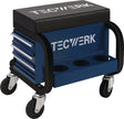 TECWERK Werkstattrollsitz mit Rollen und Ablage – Kunstlederpolster blau/schwarz, 130 kg