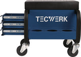 TECWERK Werkstattrollsitz mit Rollen und Ablage – Kunstlederpolster blau/schwarz, 130 kg