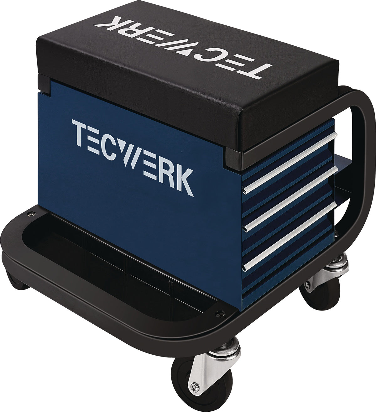 TECWERK Werkstattrollsitz mit Rollen und Ablage – Kunstlederpolster blau/schwarz, 130 kg