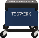 TECWERK Werkstattrollsitz mit Rollen und Ablage – Kunstlederpolster blau/schwarz, 130 kg