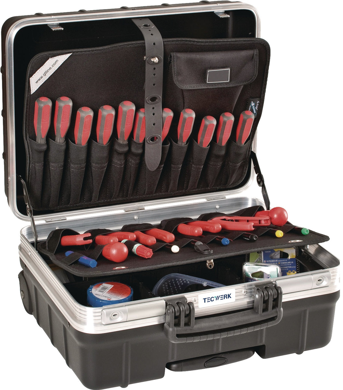 TECWERK Schalenkoffer rollbar 42 l Polypropylen mit 4 Werkzeugtafeln und Teleskopauszug