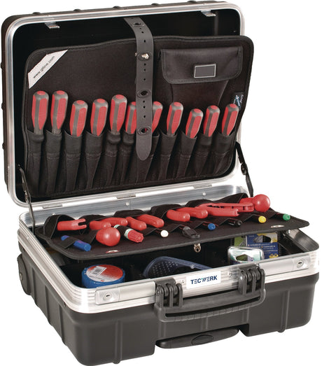 TECWERK Schalenkoffer rollbar 42 l Polypropylen mit 4 Werkzeugtafeln und Teleskopauszug
