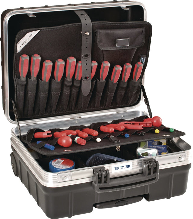 TECWERK Schalenkoffer rollbar 42 l Polypropylen mit 4 Werkzeugtafeln und Teleskopauszug