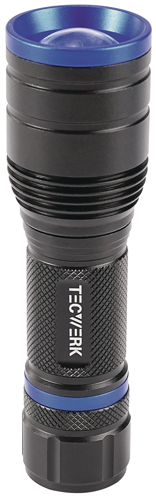 TECWERK LED-Taschenlampe 150-500 lm, 3x AAA, 100/170 m, fokussierbar, spritzwassergeschützt