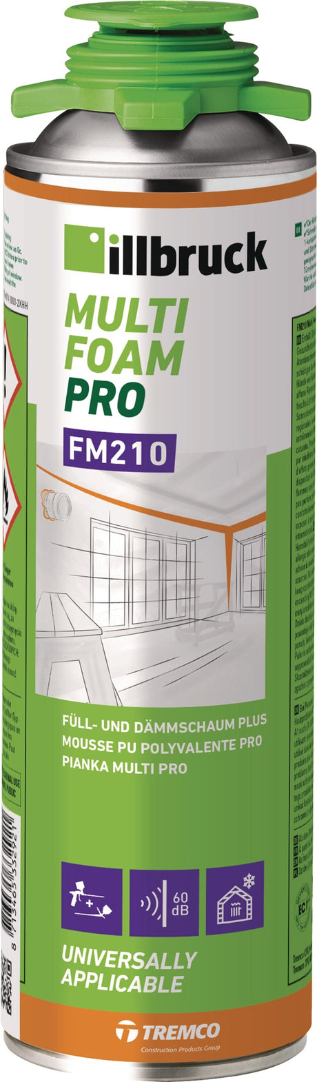 ILLBRUCK 1K-Fenster-/Fassadenschaum FM210 880 ml B2 grün – 12er-Pack mit Einweghandschuhen