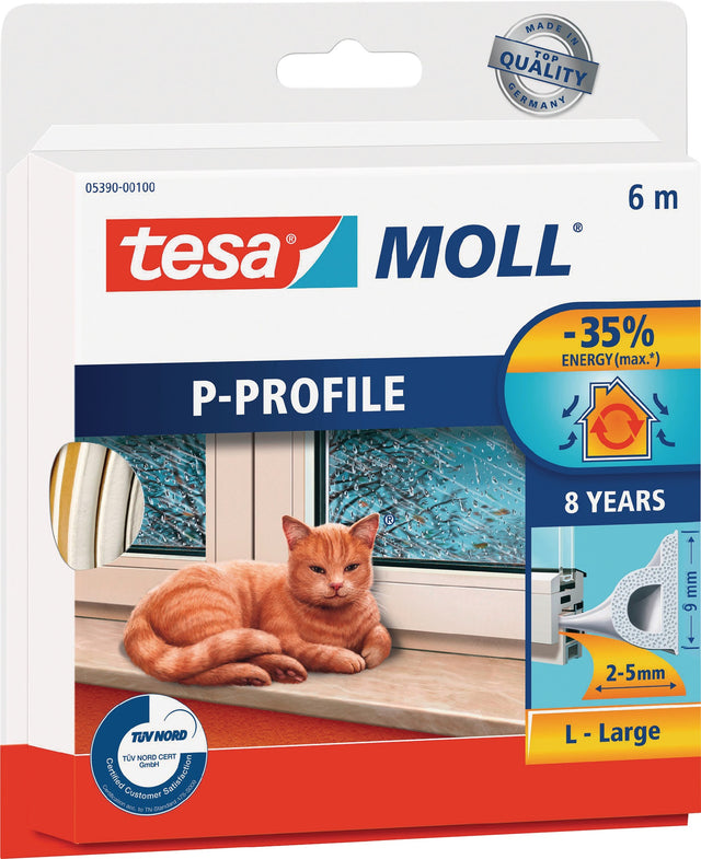 tesa tesamoll® 5390 Fenster-/Türmoll P-Hohlprofil Gummidichtung 9mm x 5,5mm x 6m Weiß – 10 Stück