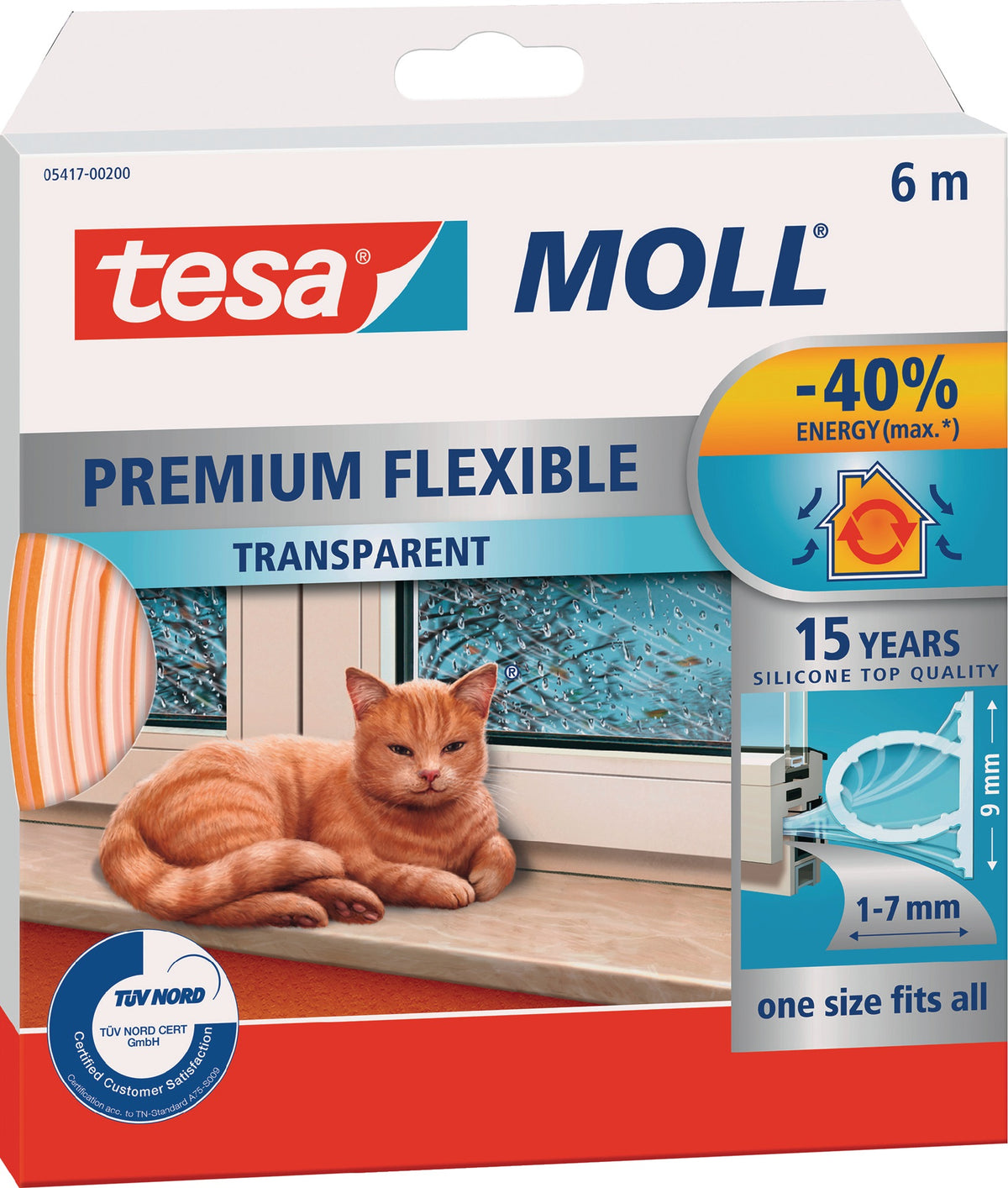 tesa tesamoll® 5417 Silikondichtung 9mm x 7mm x 6m transparent – selbstklebend, spart Heizkosten