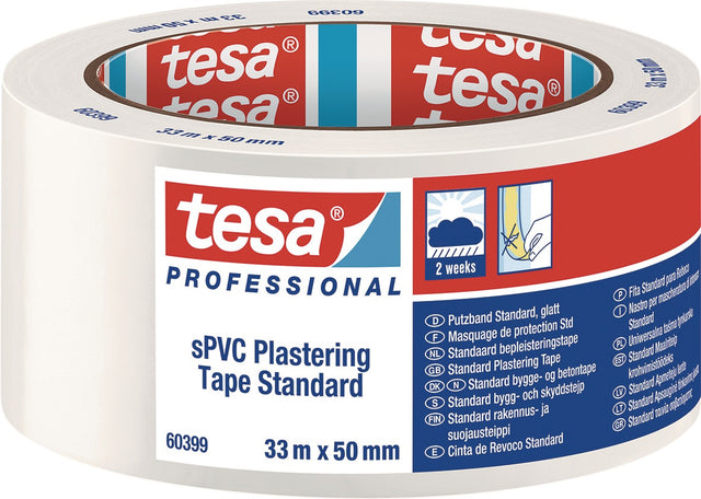 tesa PVC Putzband 60399 Standard weiß 50 mm x 33 m – UV-beständiges Abklebeband für Fassaden