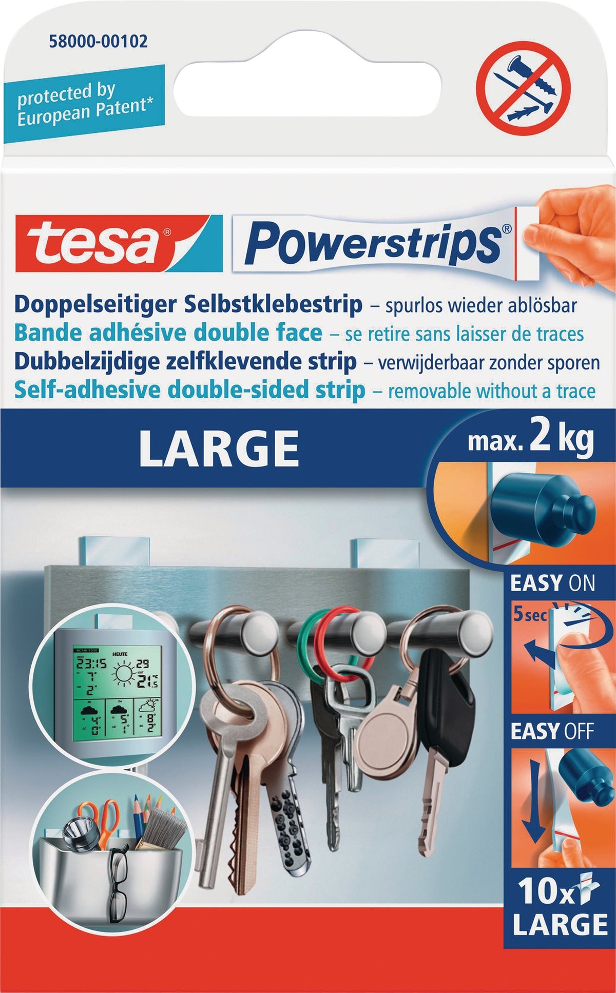 tesa Powerstrips 58000 SB-Pack 10 Strips L (20x50 mm) – Selbstklebestrips, 15er-Pack