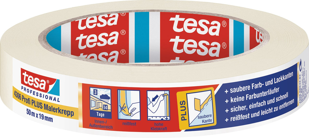 tesa Malerkreppband 4306 Profi PLUS leicht gekreppt hellbeige 50m x 19mm – 16 Rollen