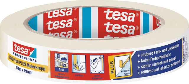 tesa Malerkreppband 4306 Profi PLUS leicht gekreppt hellbeige 50m x 19mm – 16 Rollen