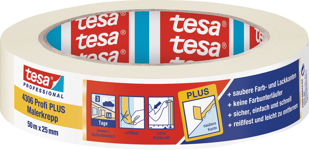 tesa Malerkreppband 4306 Profi PLUS leicht gekreppt hellbeige 50m x 19mm – 16 Rollen