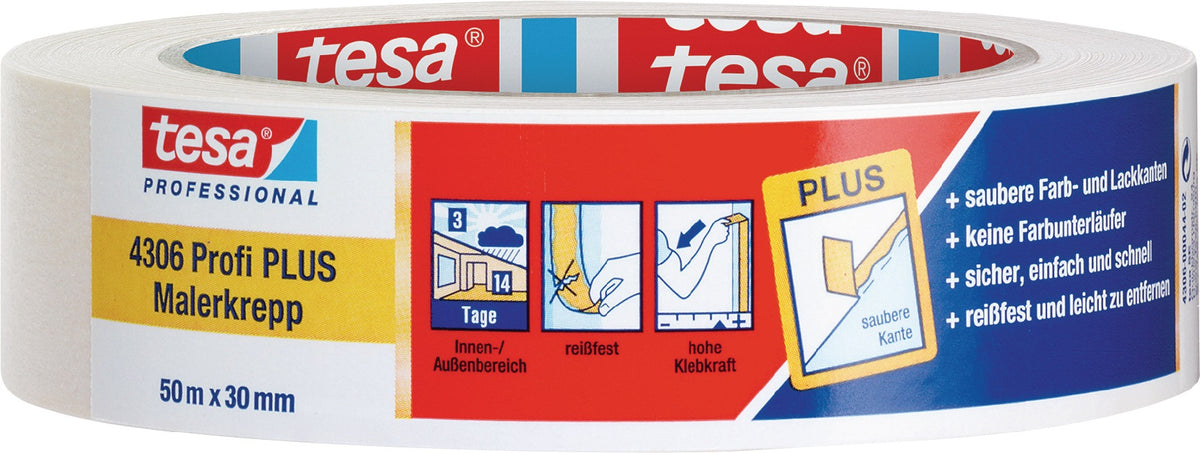 tesa Malerkreppband 4306 Profi PLUS leicht gekreppt hellbeige 50m x 19mm – 16 Rollen