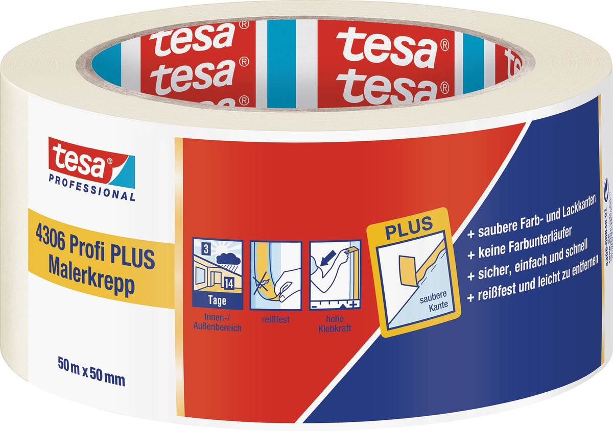 tesa Malerkreppband 4306 Profi PLUS leicht gekreppt hellbeige 50m x 19mm – 16 Rollen