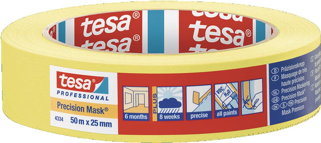 tesa Präzisionskrepp 4334 glatt gelb 25 mm x 50 m – 6 Rollen Profi-Abdeckband