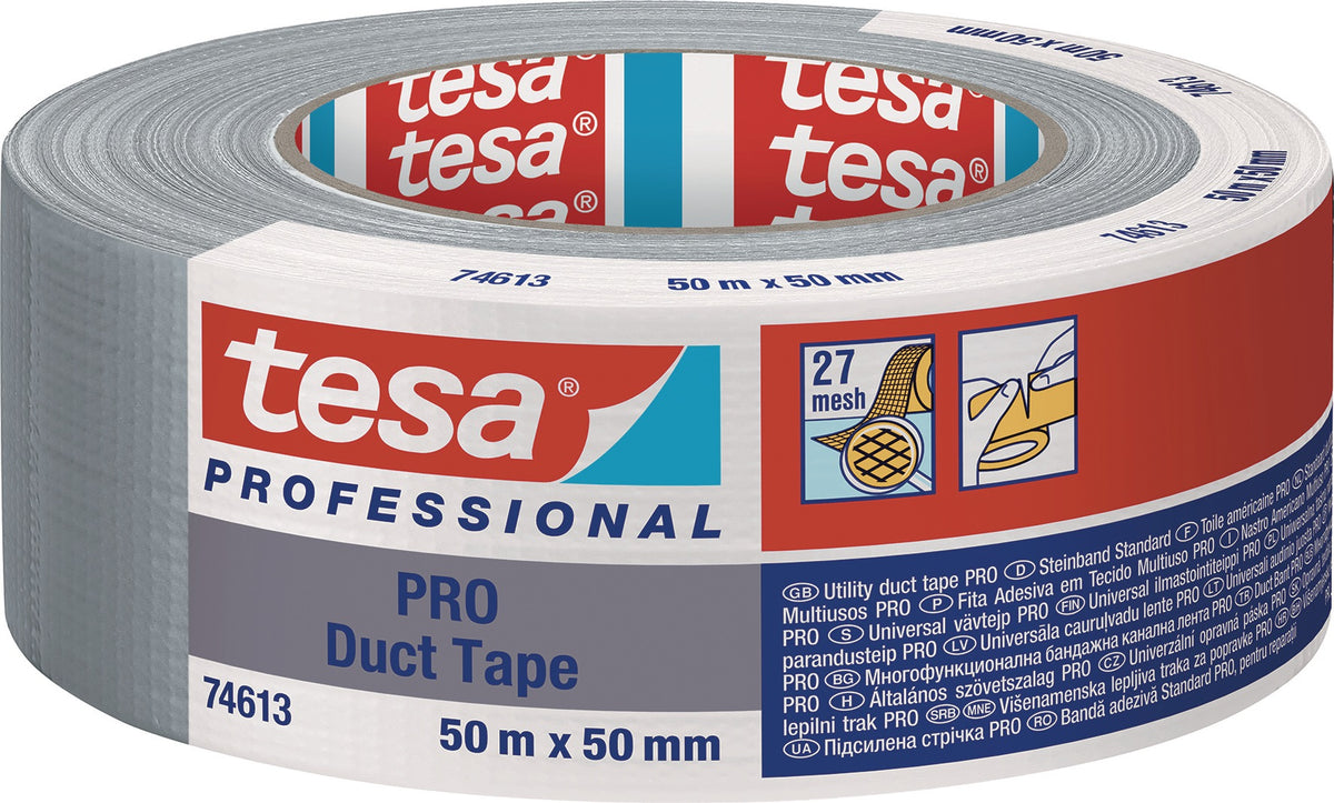 tesa Gewebeband Duct Tape PRO 74613 mattsilber 50 m x 50 mm – extra starkes Reparaturband für innen und außen