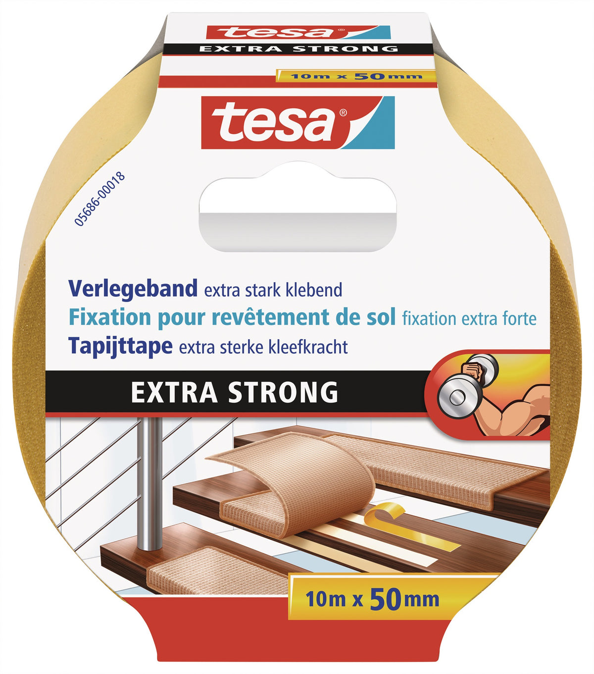 tesa Verlegeband 5686 – extra starkes Doppelseitenband, 10 m x 50 mm, 6er-Pack