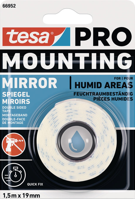 tesa Montageband Mounting PRO Spiegel 66952 – Doppelseitiges Klebeband 1,5 m x 19 mm, feuchtigkeitsresistent