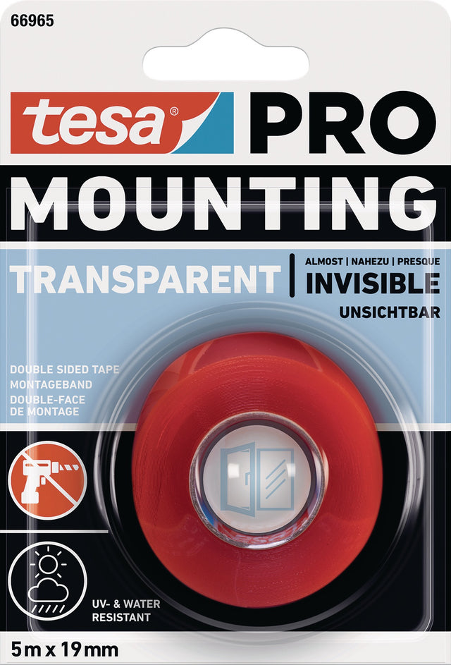 tesa Montageband Mounting PRO Transparent 66965 – 5 m x 19 mm, extra dünn, doppelseitig, 12 Rollen
