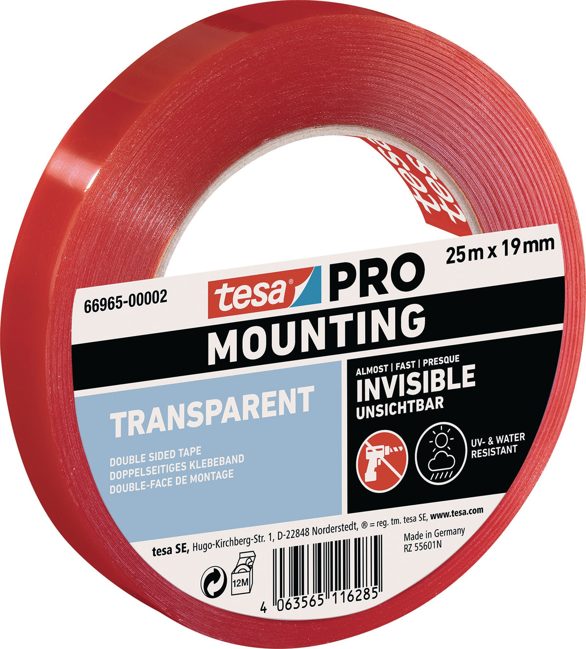 tesa Montageband Mounting PRO Transparent 66965 – 5 m x 19 mm, extra dünn, doppelseitig, 12 Rollen