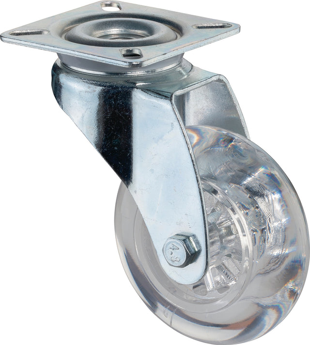 BS ROLLEN Lenkrolle 50 mm mit Anschraubplatte, Gleitlager, Kunststoffrad transparent, 40 kg Tragfähigkeit