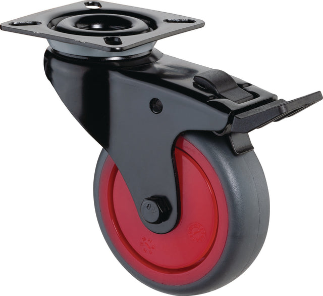 BS ROLLEN Lenkrolle mit Totalfeststeller 50 mm, Gummi grau, Tragfähigkeit 50 kg, Anschraubplatte