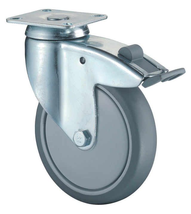 BS ROLLEN Lenkrolle mit Totalfeststeller 100 mm, 80 kg, Gummi grau, Kugellager, Anschraubplatte