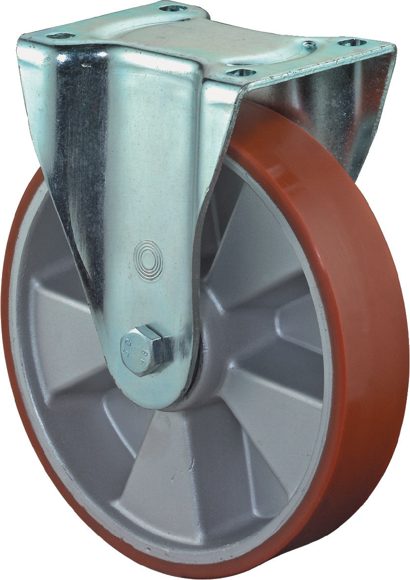 BS ROLLEN Schwerlast-Bockrolle 125 mm mit Guss-Polyurethan-Rad, 450 kg Tragfähigkeit, Plattenbefestigung