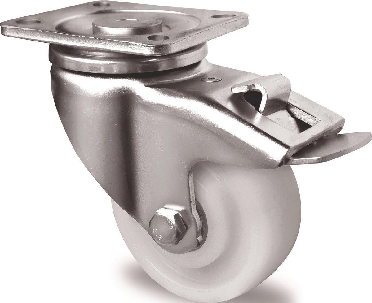 PROMAT Schwerlast-Lenkrolle 75 mm mit Totalfeststeller, Tragfähigkeit 300 kg, Polyamid weiß