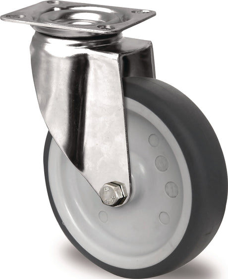 PROMAT Edelstahl-Lenkrolle 50 mm, 50 kg, TPE grau, Gleitlager, Anschraubplatte