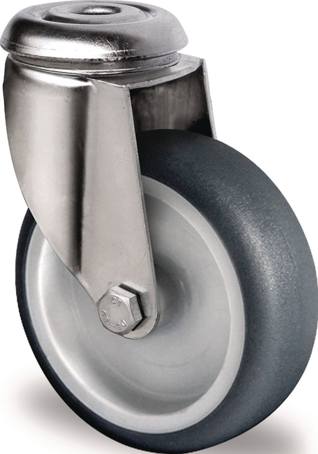 PROMAT Edelstahl-Lenkrolle 50 mm, 50 kg, TPE grau, Rückenloch, Gleitlager – rostfrei
