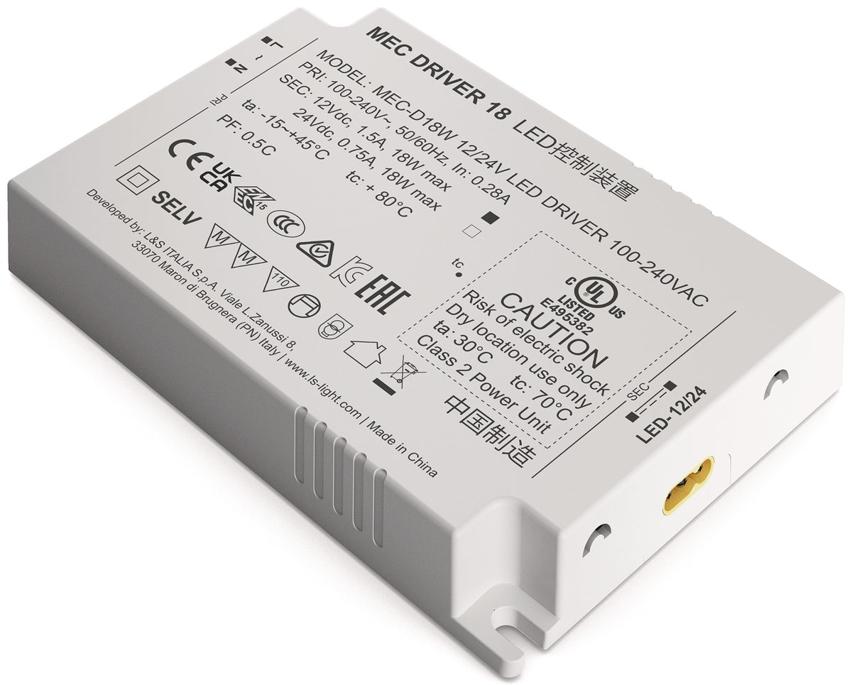 L&S LED Konverter 18 W, 100–240 V AC auf 12 + 24 V DC, IP20, dimmbar